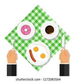 Breakfast concept, businessman breakfast. Business lunch. Flat design, vector illustration, vector.