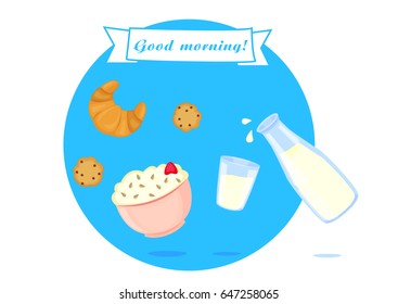 Breakfast concept in circle. Dynamic vector illustration with levitating food. Milk, croissant and porridge. Good morning!