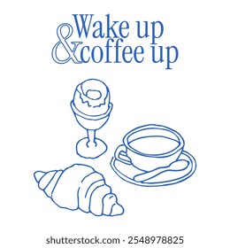 Concepto de desayuno con café y croissant. Gráfico caprichoso para estampado de camiseta. Elegante ilustración de arte de línea dibujada a mano con texto y Elementos en estilo retro y2k. Clipart de moda en tinta.	