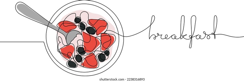 Breakfast concept - continuous one line drawing of bowl of milk with cereals and berries. Vector line art healthy food.