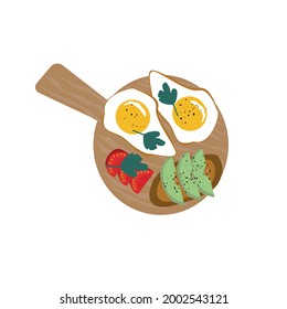 Breakfast concept. Delicious and appetizing breakfast of fried eggs, avocado toast and cherry tomatoes with parsley on a wooden board. Vector illustration 
