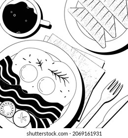 Breakfast concept. Delicious breakfast, fried egg with bacon, toast and coffee. Vecot rflat illustration