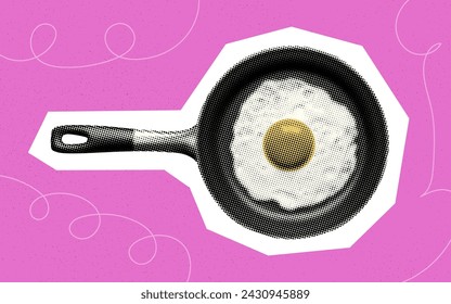 breakfast concept design with fried egg in pan on pink background retro grunge dotted texture halftone vintage vector cutout collage design for mixed media design y2k pop art magazine style