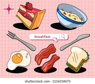 Breakfast concept. Drawn delicious breakfast of scrambled eggs, bacon, sandwich and dessert. On a geometric pink background. With 90 style search box. Flat design for your menus, banners, stickers.