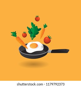 Breakfast concept with egg, carrot, salad and tomato