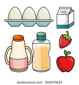 breakfast concept egg milk appple strawberry juice graphic