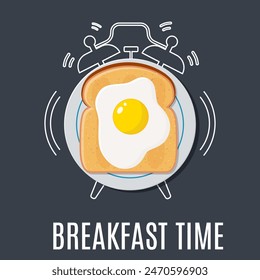 breakfast concept with egg and toast and outline alarm clock. Concept for breakfast menu, cafe, restaurant. Food background. Vector illustration in flat style