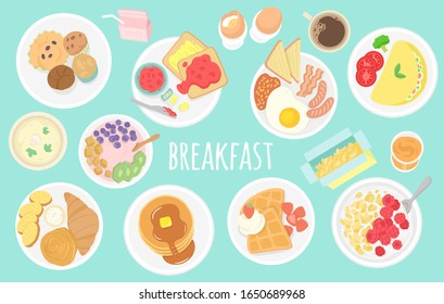 Breakfast concept with food and drinks,Vector cartoon style illustration,Hand drawn,Top view.
