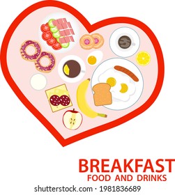 Breakfast, breakfast concept, breakfast foods and drinks. Vector, cartoon illustration. Vector.