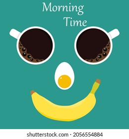 Breakfast concept in the form of two cups of coffee, banana and eggs. Breakfast products. Vector, cartoon illustration. Vector.
