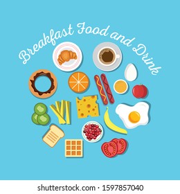 Breakfast concept with fresh food and drinks flat icons set vector illustration