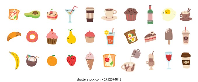 Breakfast concept with fresh food and drinks flat icons set. Vector modern illustration in flat style.