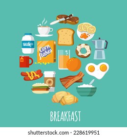 Concepto de desayuno con alimentos frescos y bebidas Iconos planos conjunto ilustración vectorial