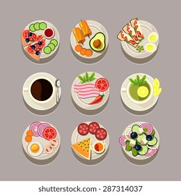 Breakfast concept with fresh food and drinks flat icons set vector illustration