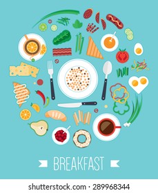 Breakfast concept with fresh food and drinks flat icons set vector illustration