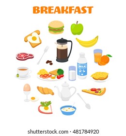 Breakfast concept with fresh food and drinks icons set - vector illustration