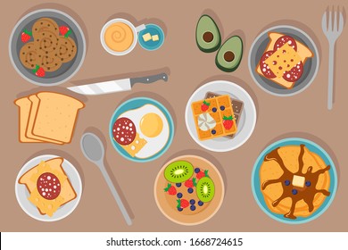 Breakfast concept with fresh food, top view. Breakfast set with fruits bacon and eggs, parsley, toast with sausage and cheese. Meal Time. Vector illustration in flat design, EPS 10.