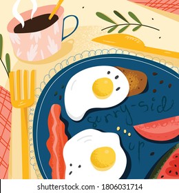 Breakfast concept with fresh food, top view. Vector illustration.