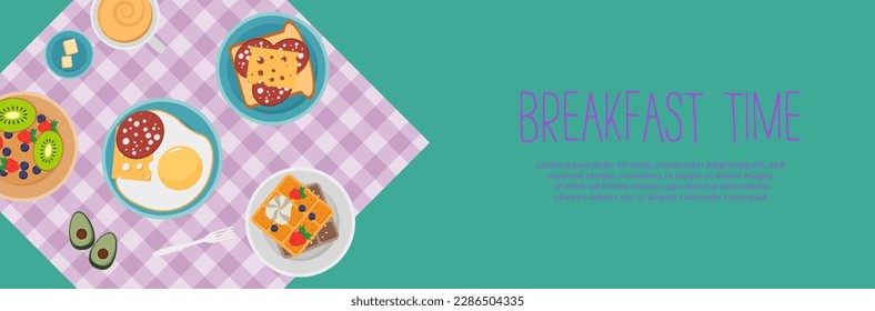 Breakfast concept with fresh food, top view. Breakfast set with fruits bacon and eggs, parsley, toast with sausage and cheese. Meal Time. Vector illustration in flat design, EPS 10.