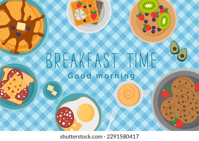 Breakfast concept with fresh food, top view. Breakfast set with fruits bacon and eggs, parsley, toast with sausage and cheese. Meal Time. Vector illustration in flat design, EPS 10.