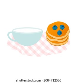 Breakfast concept. Fresh pancakes with a cup of milk or drink, flat beautiful design. Vector illustration.