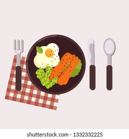 Breakfast concept.  Fried egg, avocado paste, tomato and smoked salmon served on a plate with fork, knife, spoon and napkin. Healthy food. Vector illustration.