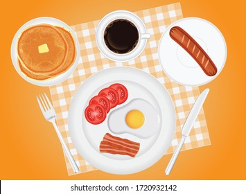 Breakfast concept. fried egg bacon sausage coffee and pancakes in background vector