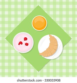 Breakfast concept. Fruit yogurt, orange juice and croissant on tablecloth. Flat style food elements.