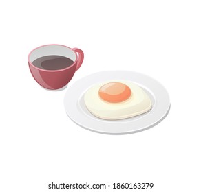 Breakfast concept. Isometric vector illustration. Fried egg and coffee. Isolated on white background. 