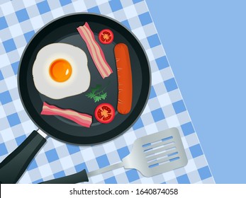 Breakfast concept on frying pan with fried egg , tomato , vegetables , sausage and bacon ready served and beautifully arranged table in the top view. Illustration about very tasty and fresh breakfast.