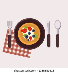 Breakfast concept. Pancakes with berries served on a plate with fork, knife, spoon and napkin. Healthy food. Vector illustration.