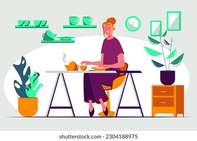 Concepto de desayuno con escena de personas al estilo de dibujos animados planos. Una mujer desayuna en la cocina antes de la jornada laboral. Ilustración vectorial.