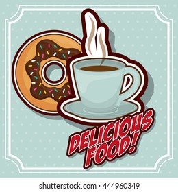 Breakfast concept represented by coffee mug and donut icon. Property of colorfull and vintage illustration