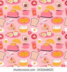 Breakfast concept seamless pattern on pink background. Vector illustration