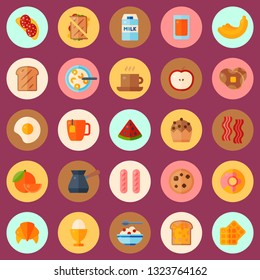 Breakfast concept seamless pattern vector illustration. Cartoon food icons of pastry, fruit, drinks. Egg, bacon, sausage, sandwich, coffee, tea, cupcake, toast with cheese.