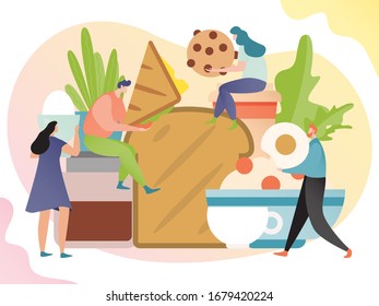 Concepto de desayuno, personajes de dibujos animados comiendo sándwich y huevo, ilustración vectorial de estilo plano. Copa de café por la mañana, hombre y mujer desayunan, menú de aperitivos para café o panadería