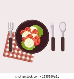 Breakfast concept. Tomatoes, mozzarella and green salad served on a plate with fork, knife, spoon and napkin. Healthy food. Vector illustration.