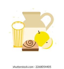 Breakfast concept vector illustration. Jug with milk, glass, apple and bun roll. Fun abstract flat composition with tasty food. Fresh morning healthy meal or lunch.