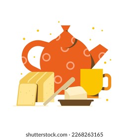 Breakfast concept vector illustration. Teapot, tea cup and butter with toast bread. Trendy abstract flat composition with tasty food. Fresh morning healthy meal.