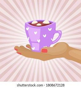 Breakfast concept, warm morning coffee, hot drink, aroma cappuccino, hold warm mug, design, cartoon style vector illustration. Break your hand cup tea, relax comfortably, cute drawing design.