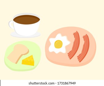 Breakfast concept.Fried egg, bacon, bread, cheese and coffee.Menu for cafes or restaurants.Vector illustration flat design.