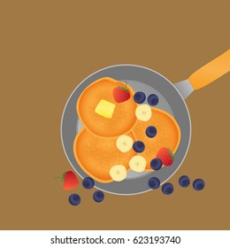 breakfast concept.pancake with butter blueberry strawberry banana on pan.vector illustration.