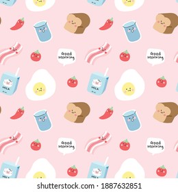 Breakfast concept.Seamless pattern of cute cartoon.Fried egg,bacon,milk,tomato,pepper hand drawn.Food.Pink background.Wallpaper.Pastel concept.Kawaii.Vector.Illustration.