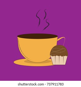 Breakfast consisting of a cup of coffee and a chocolate muffin. Vector illustration.
