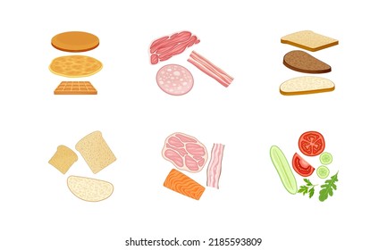 Breakfast constructor set. Slices of bread, ham, bacon, cucumber and tomato, waffle and bun food vector illustration