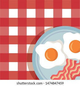 breakfast cooking fried eggs bacon tablecloth background vector illustration