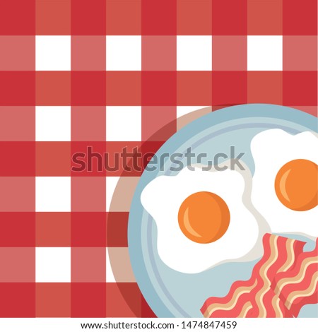 breakfast cooking fried eggs bacon tablecloth background vector illustration