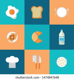breakfast cooking icons hat knives bread waffle syrup vector illustration