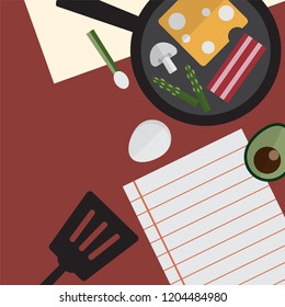Breakfast cooking time with fresh foods and note in recipe notebook on kitchen table top view in flat style vector illustration. Template for banner, website, or decoration with colorful fun design.