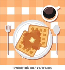 breakfast cooking waffle syrup coffee tablecloth background vector illustration